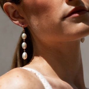 Triple Pearl Drop Earrings in White with Gold Hooks